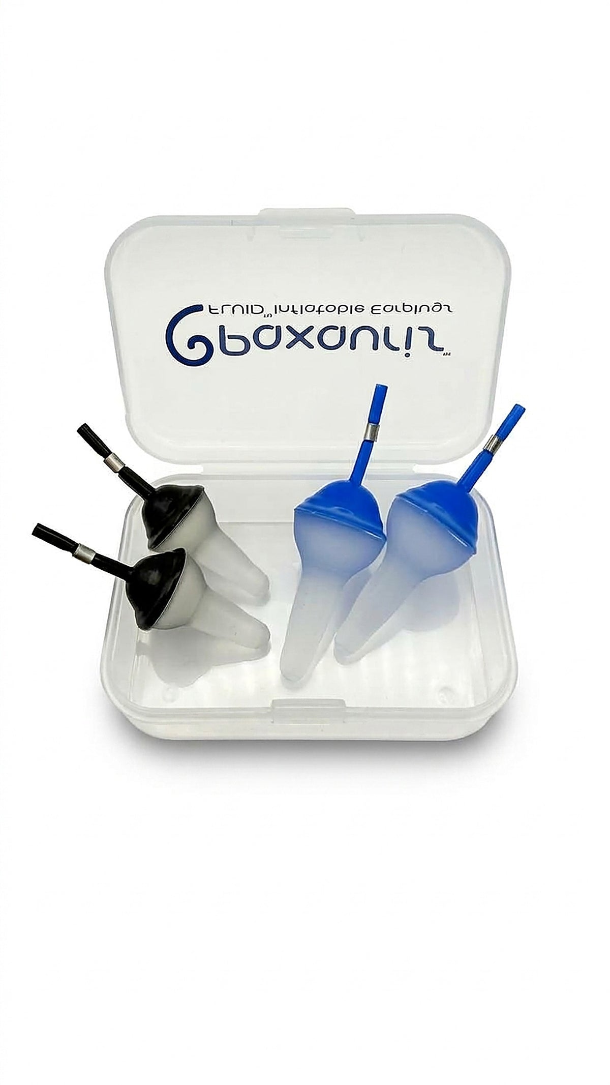 Large and Small Fluid earplug pairs side by side in the storage case
